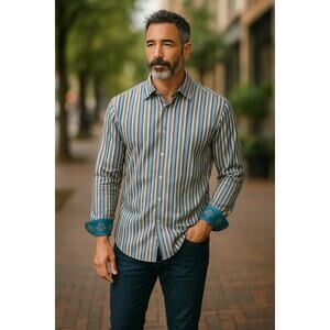 Robert Graham Men’s Striped Button Down Shirt Silk Trim Flip Cuff Blue Size XXL